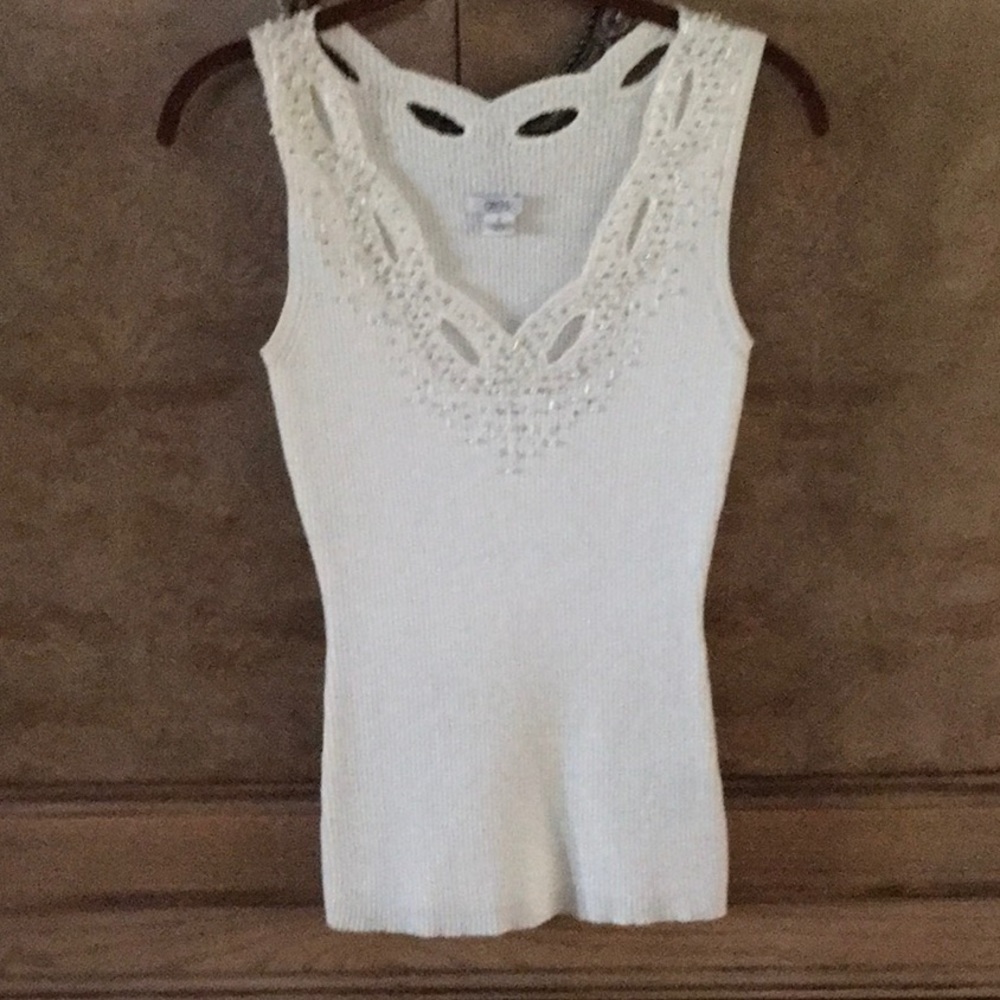 Knit tank top sweater with pearl and bead  details